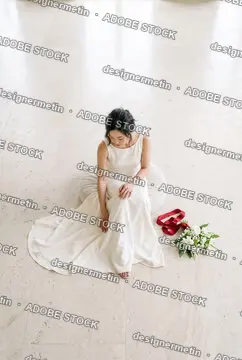 Elegant Asian Bride In A Minimalist White Wedding Dress Sitting On The Floor Beside A Floral Bouquet With Red Ribbon