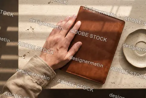 A Man'S Hand Rests Gently On A Handcrafted Brown Leather Notebook Cover On A Travertine Stone Table Bathed In Natural Sunlight