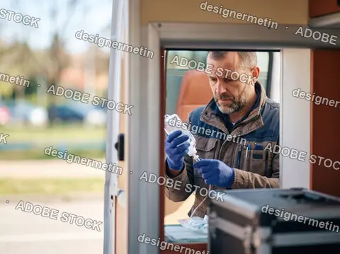 Serious Paramedic Preparing An Intravenous Saline Infusion Bottle Inside An Ambulance Vehicle