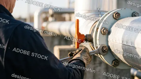 Professional Industrial Technician Using A Wrench To Tighten Bolts On A Pipeline Flange During Maintenance Work At An Outdoor Facility