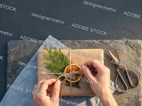 Hands Wrapping A Christmas Gift In Brown Craft Paper Decorated With Dried Orange Slice And Evergreen Branch On Dark Slate Background