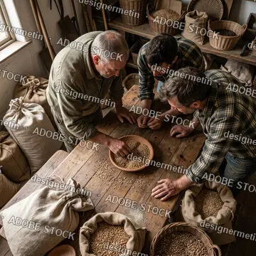 Three Generations Of Male Farmers Inspecting Harvested Grain Quality On A Rustic Wooden Table In A Traditional Barn Warehouse