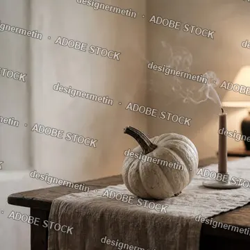 White Pumpkin And An Extinguished Taper Candle With Swirling Smoke On A Rustic Wooden Table With Linen Runner