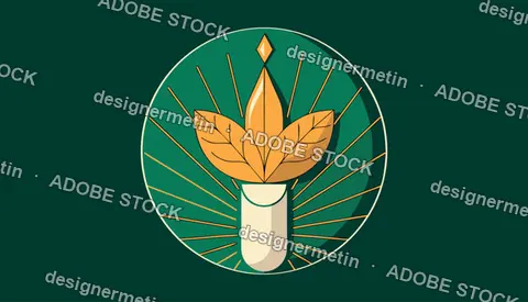 Minimalist Vector Emblem Of Golden Leaves With Radiant Sunburst On Dark Green Background