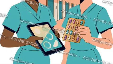 Nurses Checking Medical Data On Tablet And Pills Vector Illustration