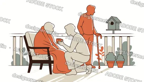 Caregiver Assisting Elderly People On A Terrace Vector Illustration