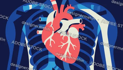 Human Heart Anatomy Vector Illustration Inside Chest Cavity With Ribs