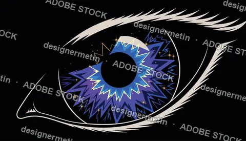 Stylized Cosmic Eye With Glowing Blue Iris On Black Background Vector