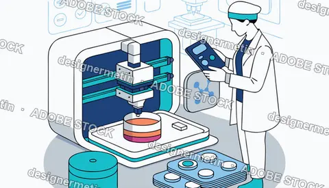 Scientist Operating A Bioprinter Machine In Laboratory, Isometric Vector