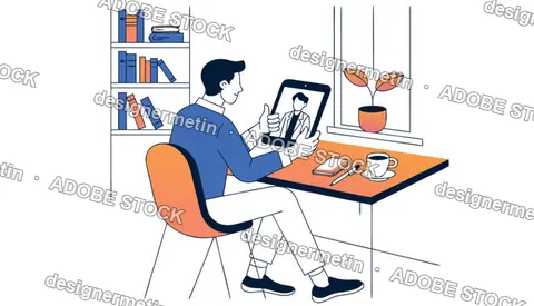 Vector Illustration Of A Young Man Having A Video Call At Home Desk