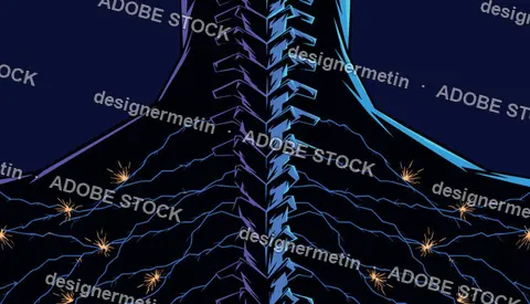 Cybernetic Glowing Spine Vector Illustration On Human Neck And Back