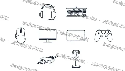 Minimalist Computer Gaming Peripherals Outline Icon Set Vector Illustration
