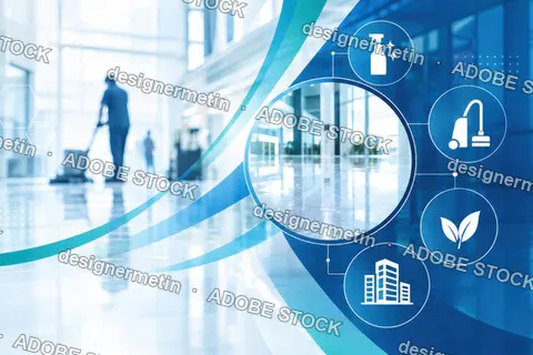 Modern Office Cleaner Using Buffer With Blue Graphic Interface Overlay