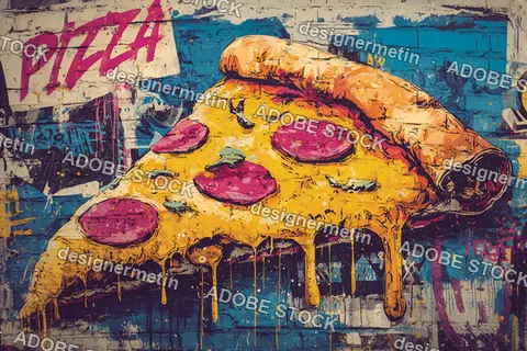 Graffiti Street Art Style Yellow Pizza Slice On Blue Wall With Purple Texture Drips