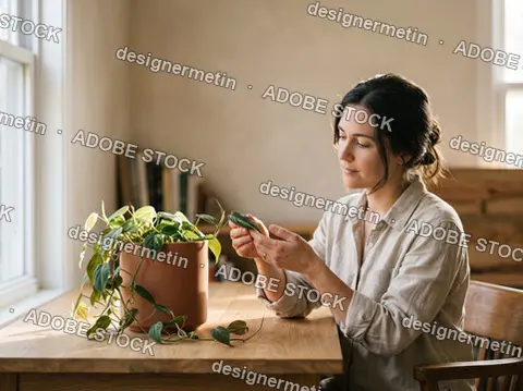 Young Woman Sitting At A Wooden Table And Carefully Tending To A Potted Green Houseplant In Soft Natural Sunlight