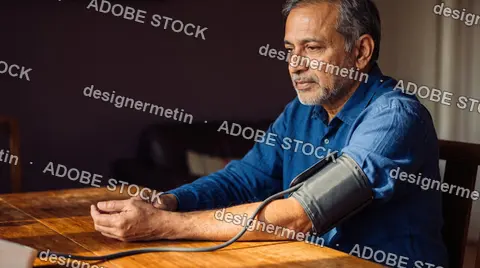 Mature Indian Man Checking His Blood Pressure With A Digital Arm Cuff Monitor While Sitting At Home At A Wooden Table