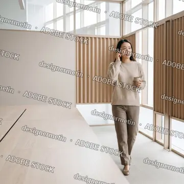 Asian Businesswoman Walking Through A Bright Modern Minimalist Office While Using Wireless Earbuds And Holding A Coffee Cup