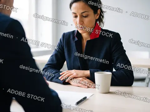 Serious Businesswoman Sitting At An Office Desk During A Difficult Meeting Or Job Interview With A Manager