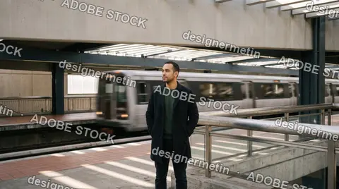 Thoughtful Young Man Standing On A Modern Railway Station Platform While A Subway Train Passes By In The Background