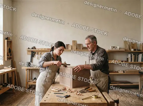 Senior Carpenter Mentoring A Young Female Apprentice Working On A Handcrafted Wooden Box In A Traditional Workshop