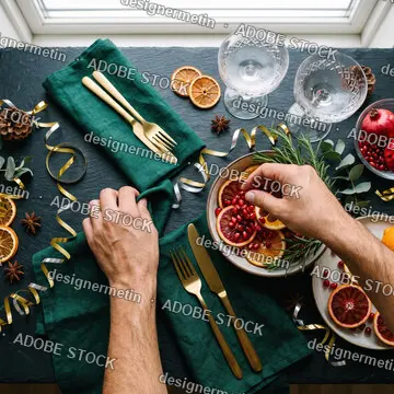 Hands Decorating A Festive Christmas Dinner Table Setting With Green Napkins, Gold Cutlery, And Citrus