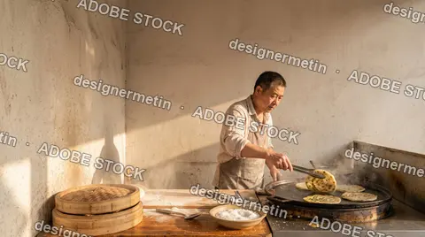 An Asian Male Cook Prepares Traditional Handmade Flatbread On A Hot Griddle In A Rustic Kitchen Bathed In Warm Sunlight