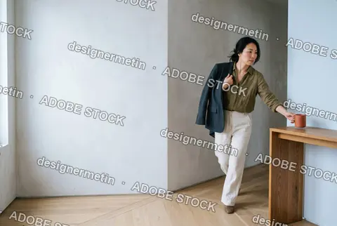 Elegant Asian Businesswoman Carrying A Jacket Over Her Shoulder And Reaching For A Coffee Mug In A Modern Minimalist Interior