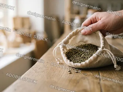 Close Up Of A Person Holding A Reusable Cotton Sack Filled With Dry Green Lentils On A Wooden Table In An Eco Friendly Zero Waste Shop