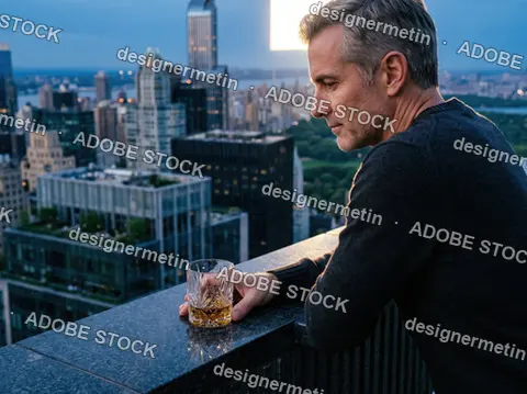 Thoughtful Mature Businessman Holding A Glass Of Whiskey On A Luxury Rooftop Terrace Overlooking The City Skyline At Sunset