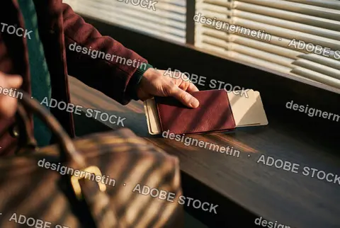 Close-Up Of Stylish Businessman Placing Passport And Boarding Passes On Wooden Sill Near Window While Waiting For Departure