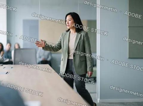 Confident Asian Female Executive Leading A Meeting And Giving A Presentation In A Modern Office Conference Room