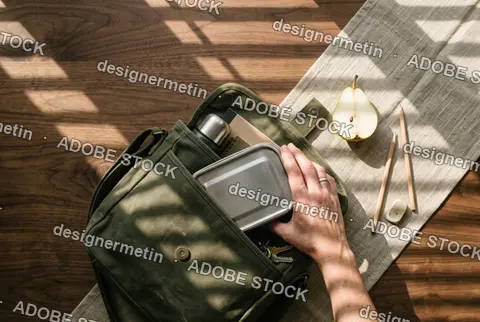 Person Packing A Metal Lunch Box Into An Olive Green Canvas Bag On A Wooden Table With Healthy Snack And Stationery
