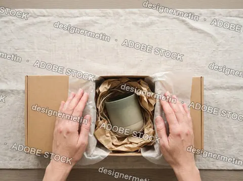 Hands Opening A Cardboard Shipping Box With A Handmade Ceramic Mug Packed In Sustainable Paper