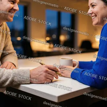 Smiling Man Holding Pen To Sign Document While Discussing Agreement With Woman Over Coffee In Modern Office