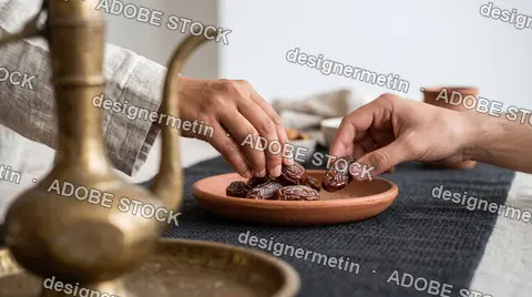 Two People Taking Sweet Dried Dates From A Clay Plate To Break Their Fast During Ramadan, With A Traditional Teapot On The Table