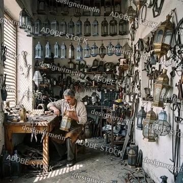 Middle Eastern Artisan Crafting Traditional Metal Lanterns In A Cluttered Historic Workshop