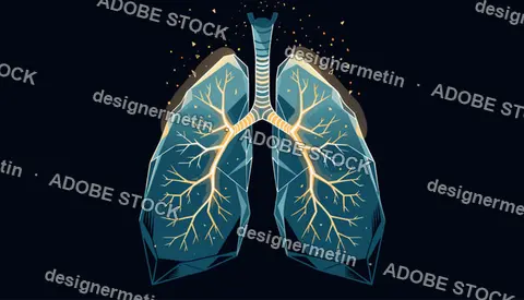 Abstract Vector Illustration Of Human Lungs Made Of Glowing Crystal Facets And Trachea On Dark Background