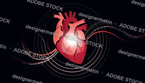 Glowing Human Anatomical Heart Vector Illustration Radiating Energy Pulses And Sound Waves On A Dark Background