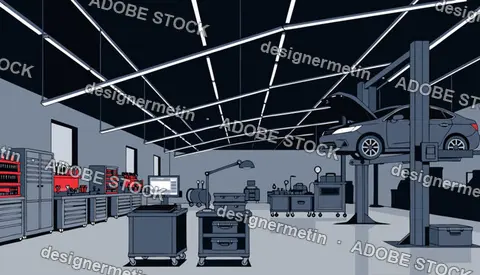 Modern Automotive Repair Garage Interior Vector Illustration With Car On Hydraulic Lift And Professional Mechanics Tools