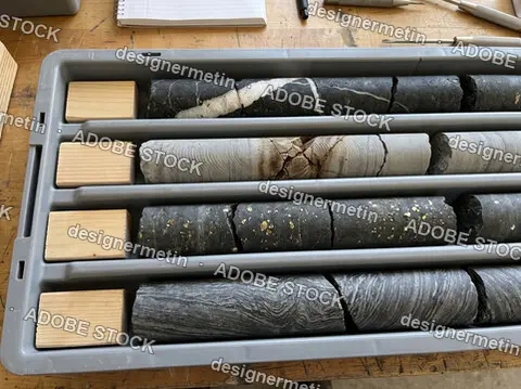 Geological Drill Core Samples With Quartz Veins In Storage Tray