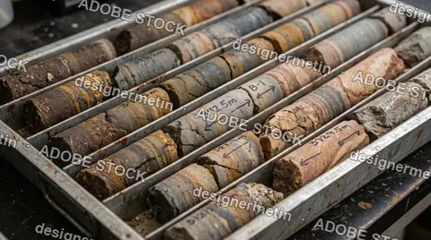 Layered Geological Rock Core Samples Stored In Metal Trays