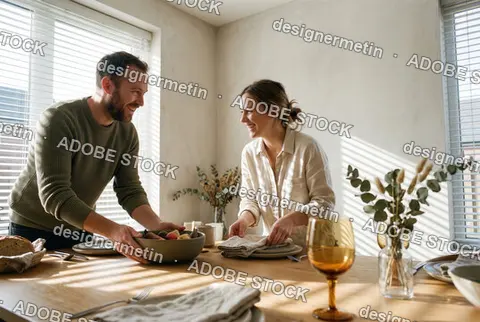 Happy Young Couple Smiling And Preparing The Dining Table Together For A Meal At Home In Sunlight