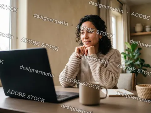 Thoughtful Woman Working Remotely On Laptop While Resting Chin