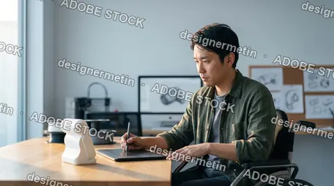 Focused Asian Industrial Designer In A Wheelchair Using Digital Graphic Tablet To Model 3D Product Prototype In Creative Studio Workspace