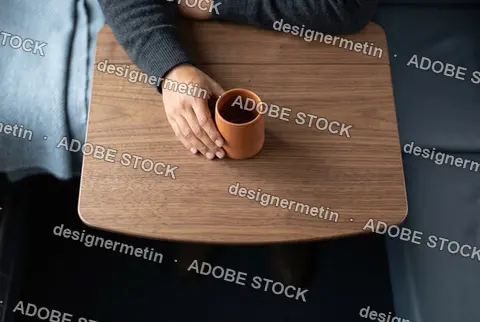 High Angle View Of A Traveler Hand Holding A Terracotta Clay Cup On A Wooden Tray Table During A Train Journey
