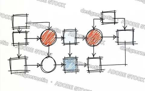 Hand Drawn Flowchart Diagram Sketch With Connecting Arrows, Rectangles And Red Circles On White Paper