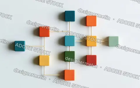 Colorful Wooden Blocks Connected By White Lines Forming A Network Flowchart Diagram On White Background
