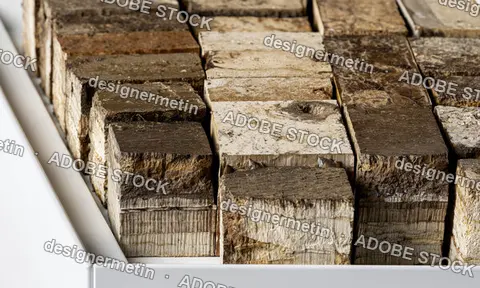 Close Up Of Natural Cork Cubes Arranged In A Tray Showcasing Earthy Textures, Tones And Grain Patterns