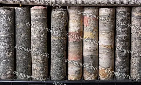 Geological Rock Core Samples With Natural Mineral Layers And Textures Stored In A Wooden Box