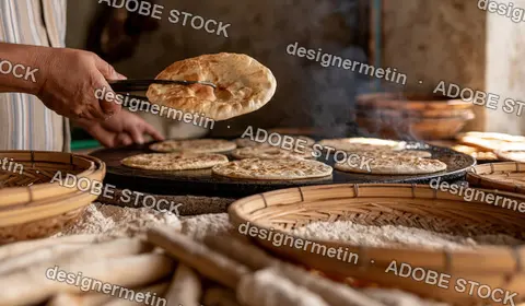 Baker Lifting Fresh Flatbread From A Hot Griddle With Tongs In A Traditional Rustic Kitchen